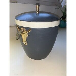 HFT Mid Century Gits Ware Ice Bucket Gray with Gold Longhorn Medallions and Trim
